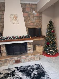 un árbol de Navidad en una sala de estar con chimenea en Argeades apartment, en Nauplia
