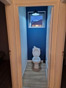 a bathroom with a toilet in a blue wall at Maison à Aurillac - 3 chambres - Arrivée autonome in Aurillac