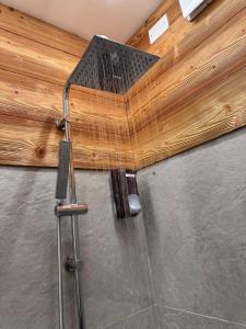 a shower in a room with a wooden ceiling at Residenze Vezza - Il Larice - in Vezza dʼOglio