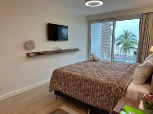 Un dormitorio con una cama y un televisor y una ventana. en OCEAN FRONT luxury hotel room "Pacific Point", en Jacó