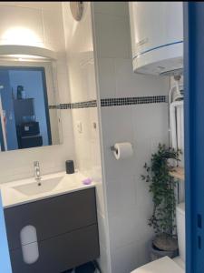 a bathroom with a sink and a mirror at Studio cabine avec vue sur le port in Gruissan