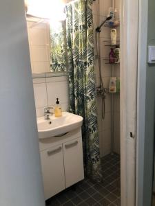 a bathroom with a sink and a shower curtain at Cosy apartment in the city center FREE PARKING in Kemi +14 photos