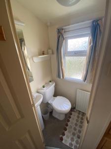 a small bathroom with a toilet and a window at seawick holiday park in Saint Osyth