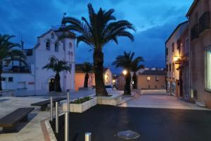 a street with palm trees and buildings at night at Love Room Perpignan Jacuzzi & Ambiance romantique in Villeneuve-de-la-Raho +14 photos