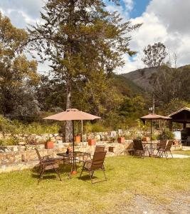 Una mesa y sillas con una sombrilla en el césped. en Lo Nuestro Hotel Casa Campestre Villa de Leyva, en Villa de Leyva