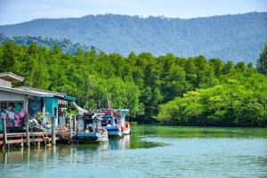 two boats are docked at a dock on a river at The Mangrove Hideaway Kohchang in Ko Chang +36 photos