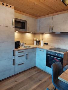 a kitchen with blue cabinets and a sink at Ferienwohnung Filomena im Hotel Casada in Galtür +8 photos