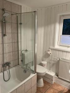a bathroom with a shower and a toilet and a tub at FeWo Wald & Düne in Karlshagen +30 photos