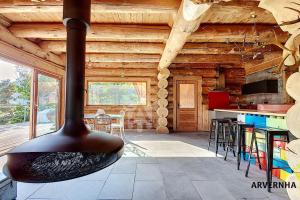 a kitchen with a fireplace in a log cabin at Chalet du Trappeur in Chambon-sur-Lac