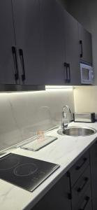 cocina con fregadero y encimera con ordenador portátil en Girasole Home, en Tirana
