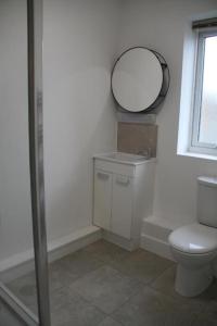 a bathroom with a toilet and a mirror at No 13 Colchester Town Flat with Kitchen & Parking in Colchester