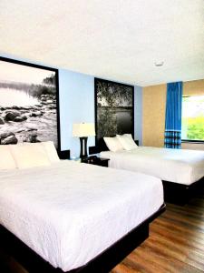 a hotel room with two beds and a large window at Super 8 by Wyndham Estherville in Estherville