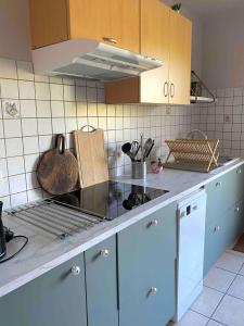 サン・ジョルジュ・シュル・シェールにあるLes Gites Du Moulin Du Portのキッチン(青いキャビネット、コンロ付)