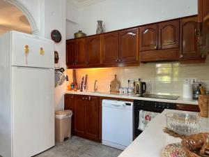a kitchen with wooden cabinets and a white refrigerator at Kato Panayia Cafe Retreat in Káto Panayía