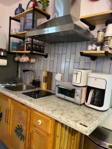 a kitchen with a sink and a microwave on a counter at Stunning Little Havana Suites Close to airport, Calle Ocho, Brickell, Wynwood and the Beaches - Free Parking in Miami +80 photos