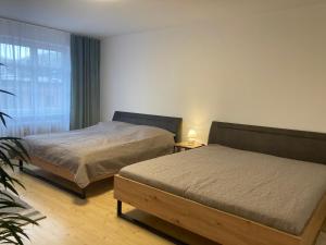 two beds in a hotel room with a window at Apartmán Monika in Kraslice