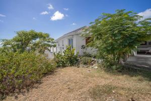 a white house with bushes in front of it at Le Spot - Unique house with view in Oyster Pond