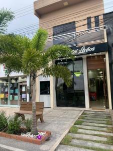 a palm tree in front of a store with a bench at HOTEL LISBOA in Capanema