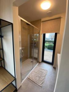 a bathroom with a shower with a glass door at Maison Impression vakantiehuis in Middelkerke +16 photos