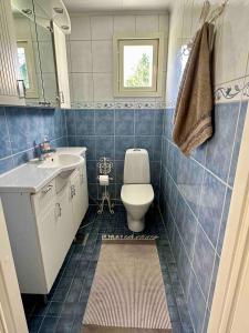 Un baño con azulejos azules, inodoro y lavabo. en Villa Kesälä, en Ylöjärvi