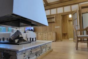 a kitchen with a stone stove in a house at Pirin Nest Villa in Bansko