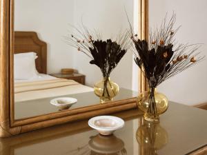 two vases on a table in front of a mirror at AQUARIUS HOTEL in Vasilikos
