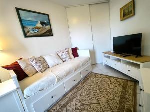 a living room with a couch and a television at Mon nid soulacais - Parking Privée in Soulac-sur-Mer