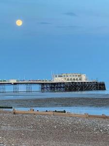 a frisbee flying over a beach with a pier at The Georgian Apartment in Worthing +10 photos