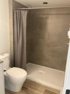 a bathroom with a toilet and a shower at Lakefront Nest Beach House Suite in Penticton +16 photos