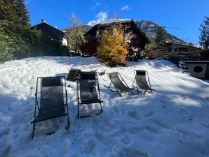 a group of chairs sitting in the snow at Splendida Baita nel verde in Courmayeur