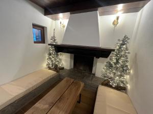 a living room with a couch and a fireplace with christmas trees at Chalet in Courmayeur near Lifts & Centre 2BR 2BA in Courmayeur