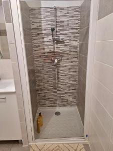 a shower with a glass door in a bathroom at L'échiquier de Béziers - T2 déco soigné - Belle terrasse -Parking - Wifi in Béziers +20 photos