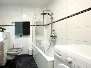 a bathroom with a shower and a toilet and a sink at Unterkunft in Altstadt in Schongau