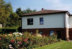 een huis met een bos bloemen ervoor bij Ferienwohnung Dorn in Polchow