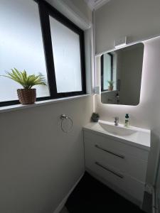 une salle de bain avec un lavabo et un miroir dans l'établissement Pet friendly house with hot tub, à Lower Hutt