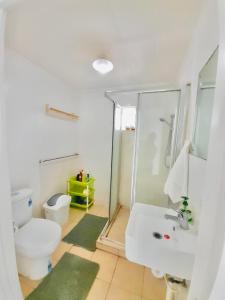 a bathroom with a toilet and a sink and a shower at Ocean Cottage Private Single Room in Nuku'alofa Town Center in Nuku‘alofa
