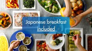 a table full of food with the words japanese breakfast included at Toyoko Inn Chubu International Airport No1 in Tokoname