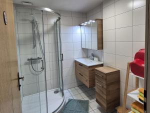 a bathroom with a shower and a sink at Ferienwohnungen Wagenradl Stubenberg in Stubenberg +18 photos