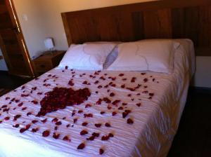 a bed with a bunch of red roses on it at Pousada Vivendas Da Serra in Catas Altas