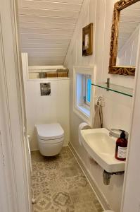 a small bathroom with a toilet and a sink at Lille Øvregate in Bergen