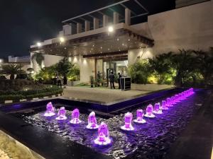 a group of pink ducks in a pond in front of a building at Bel-La Monde Hotel NH8 at 6km from IGI Airport Delhi in New Delhi