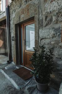 a door with a potted plant in front of a building at La casa del Mayoral in Tremedal