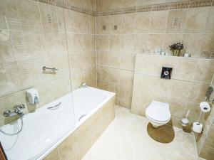 a bathroom with a tub and a toilet and a sink at Holiday Beach Budapest Wellness Hotel with Sauna Park in Budapest