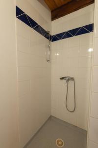 a bathroom with a shower with blue and white tiles at Gîte Gîtes de France 6/7 personnes aux Combes in Saint-Paul-le-Froid