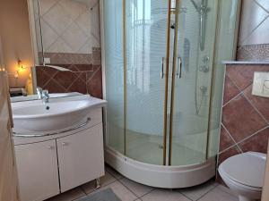 Un baño con ducha, lavabo e inodoro. en chambre cosy en centre ville avec accès indépendant, en Châtellerault