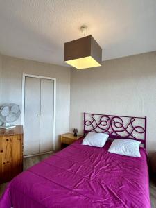 a bedroom with a pink bed with a purple blanket at Confortable T2 + Cabine face à la mer 4BALM39 in Le Barcarès +8 photos