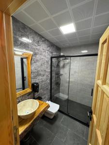 Un baño con ducha, lavabo e inodoro. en Özden Bungalow, en Çamlıhemşin 31 fotos más