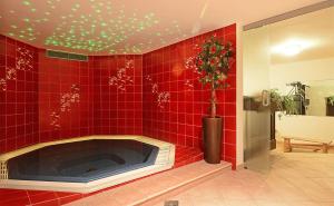 a red tiled bathroom with a tub with a plant at Hotel Dolomites Inn in Canazei +17 photos