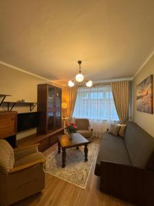 a living room with a couch and a table at Jaukus apartamentas Birzu centre in Biržai