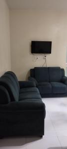 ein Wohnzimmer mit einer blauen Couch und einem Fernseher in der Unterkunft Apartamento em Penha in Penha